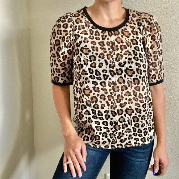 A NEW DAY Animal Print Semi-Sheer Puff Sleeve Blouse Size XS Textured - Picture 2 of 7